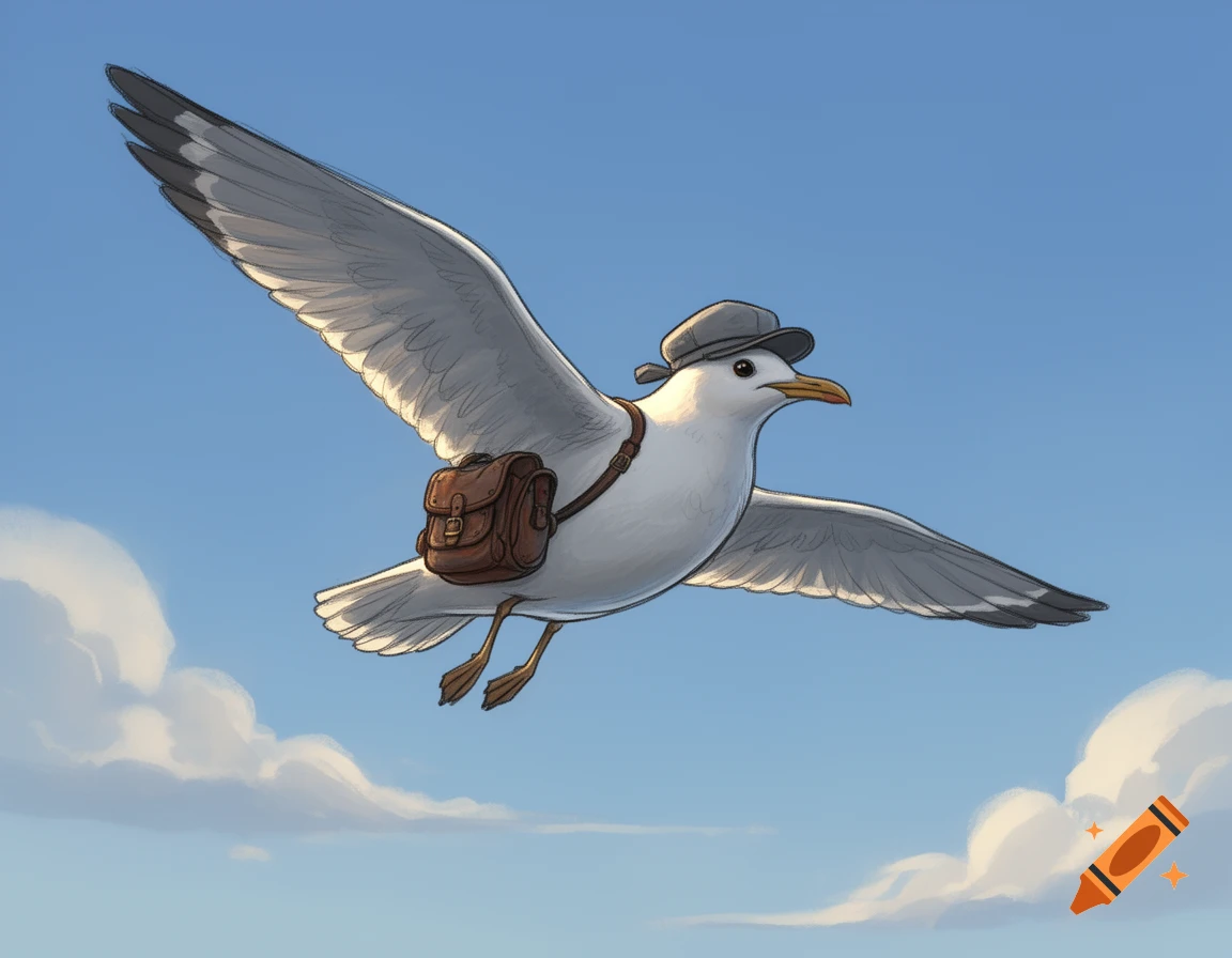 A cartoon seagull wearing a grey cap and a brown satchel flies through a blue sky with clouds.