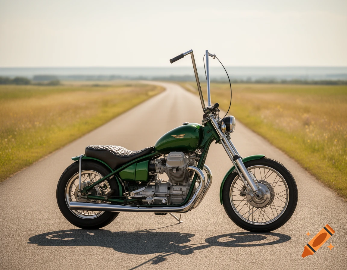 A green Moto Guzzi chopper motorcycle with ape hanger handlebars, on a winding road through golden fields.