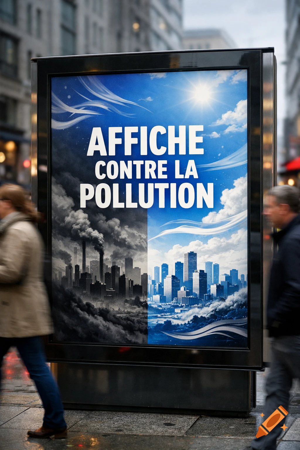 Photorealistic anti-pollution billboard in a city street, showing a cityscape divided by smog and clear skies. Blurred people walk past.