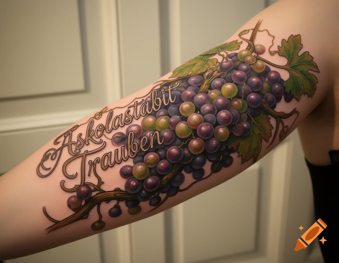 A vibrant tattoo of a large cluster of purple and green grapes with leaves and vines on a person's arm, with the words 'Äskolastabit Trauben' incorporated into the design.