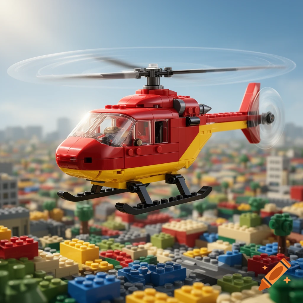 A red and yellow Lego helicopter with spinning rotors flies above a diverse, colorful Lego city under a bright sky.