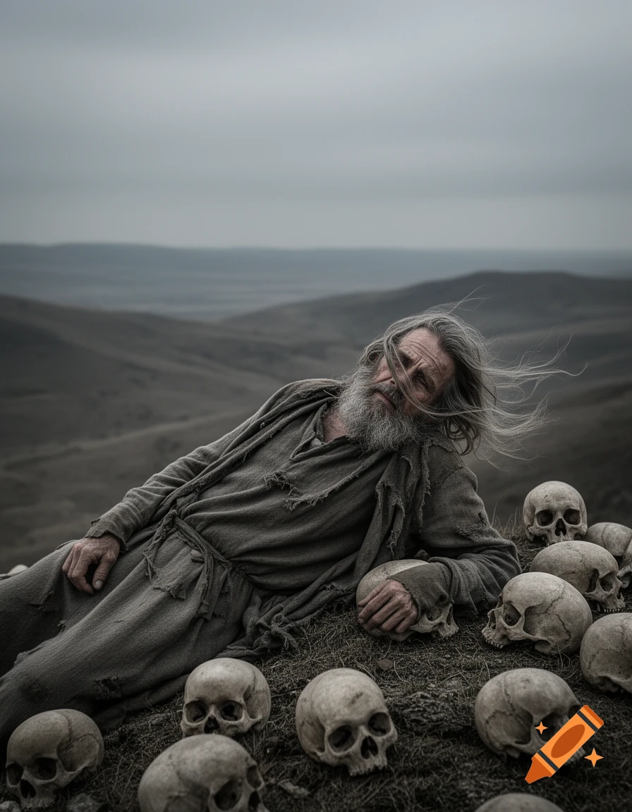 A weary, long-haired man in ragged clothes lies on a desolate hill surrounded by human skulls under a gray sky.