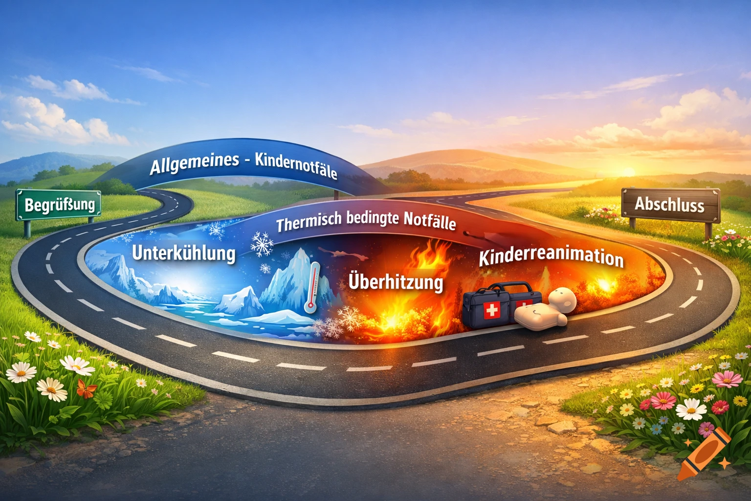 An illustrated road representing a timeline of pediatric emergencies, with labels like 'Hypothermia', 'Hyperthermia', 'Resuscitation', a first aid kit, and a resuscitation dummy.