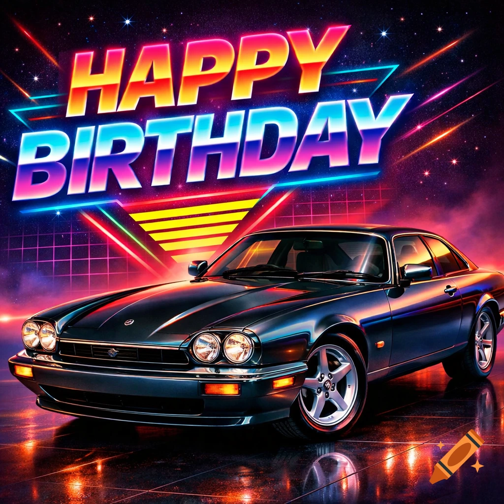 A 90s Jaguar car in front of a neon 'Happy Birthday' message and an 80s retro synthwave background.