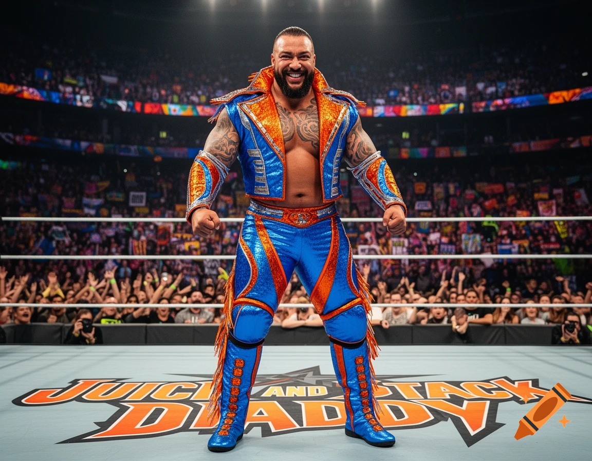 A muscular male wrestler in a vibrant blue and orange outfit poses triumphantly in a brightly lit stadium wrestling ring, with a cheering crowd in the background.