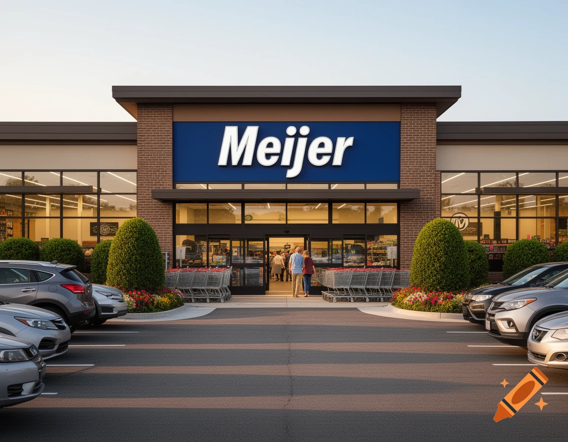 Exterior view of a Meijer grocery store with a parking lot full of cars on a sunny day.