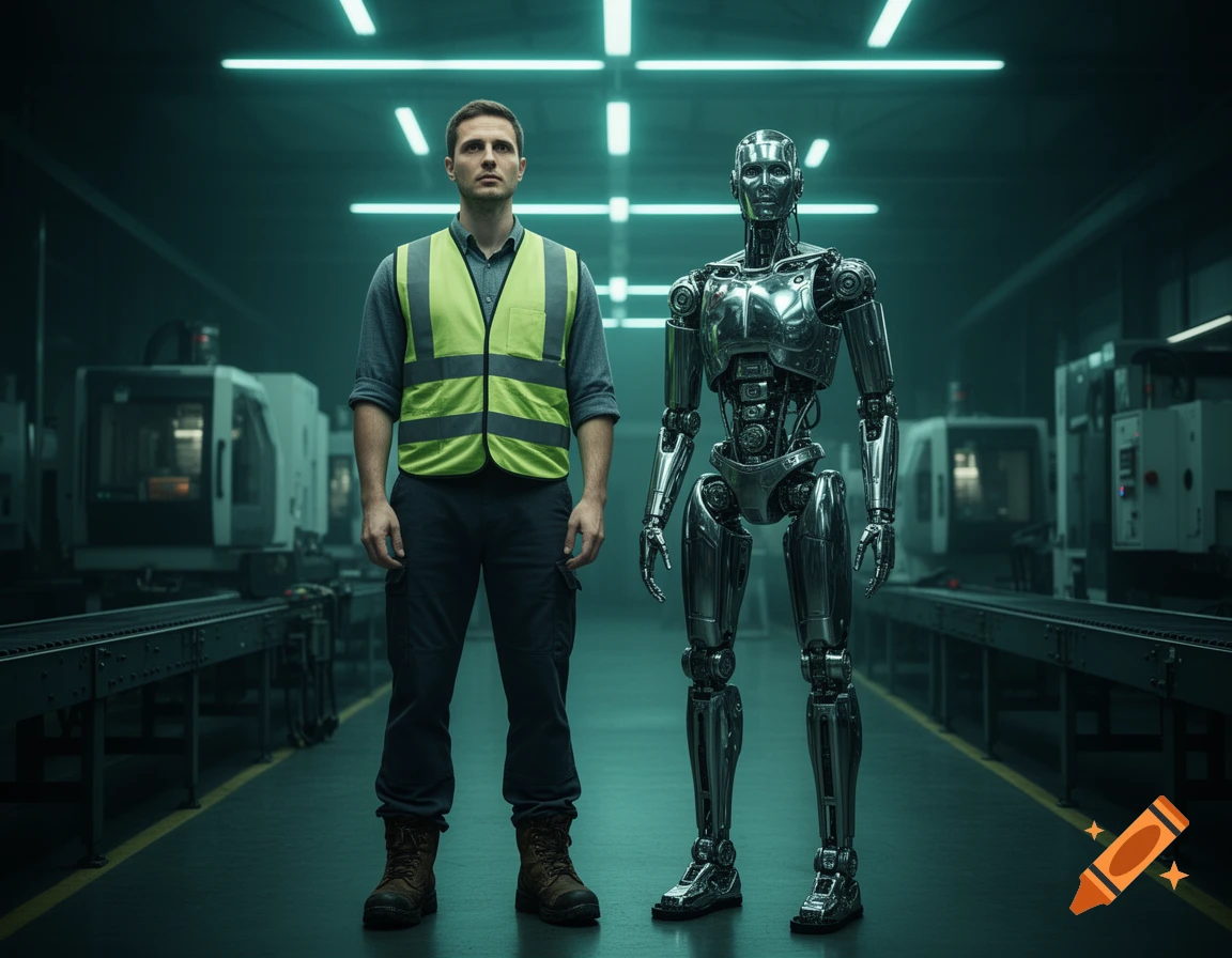A man in a safety vest stands next to a metallic humanoid robot on a factory floor, both looking forward, photorealistic.