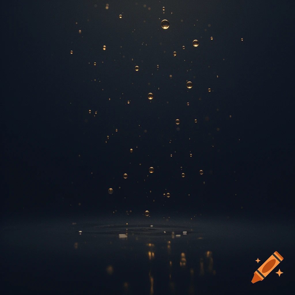Golden droplets falling onto a dark, reflective surface, creating subtle ripples and reflections.