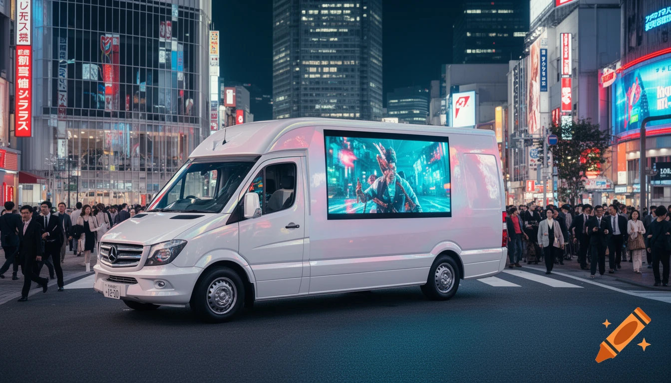 A white video display van is parked on a busy Tokyo city street at night, showing an armored character on its screen.