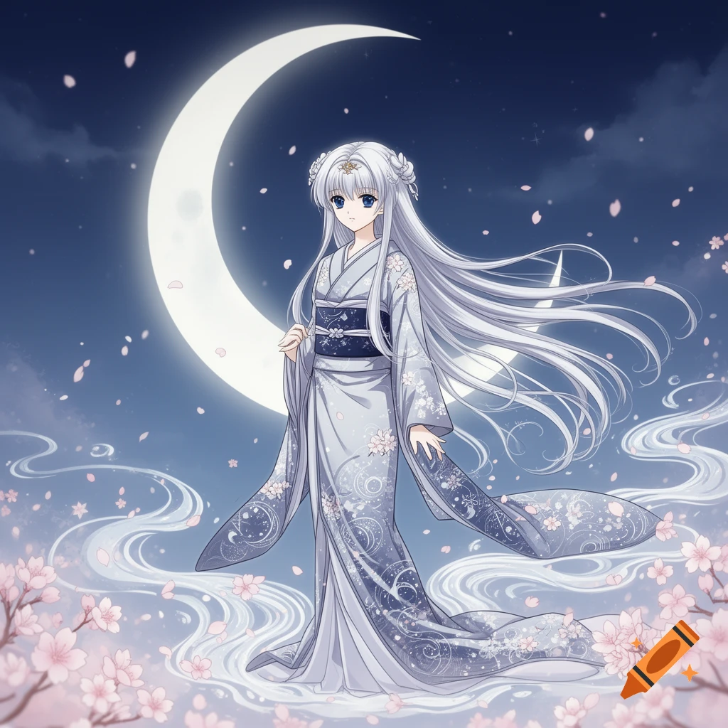 Anime girl with long white hair in a white kimono under a crescent moon, surrounded by cherry blossoms.
