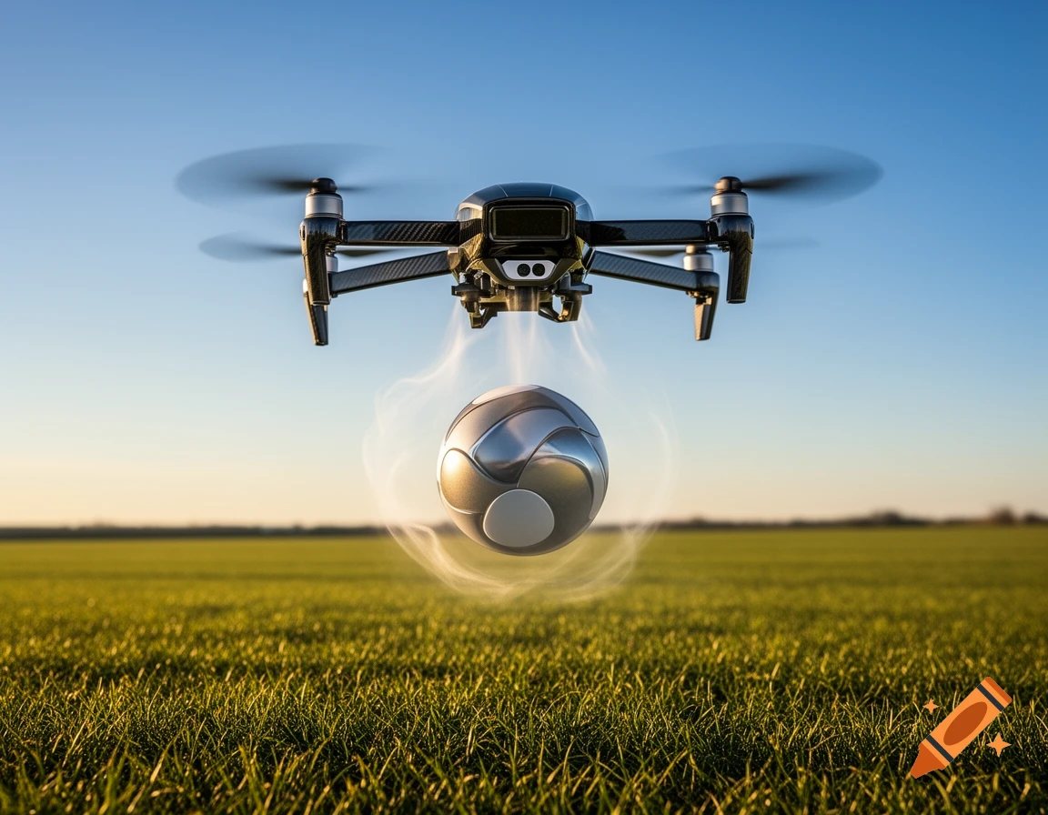A black drone hovers over a green field, its downthrust moving a metallic, spherical orb. Clear blue sky.