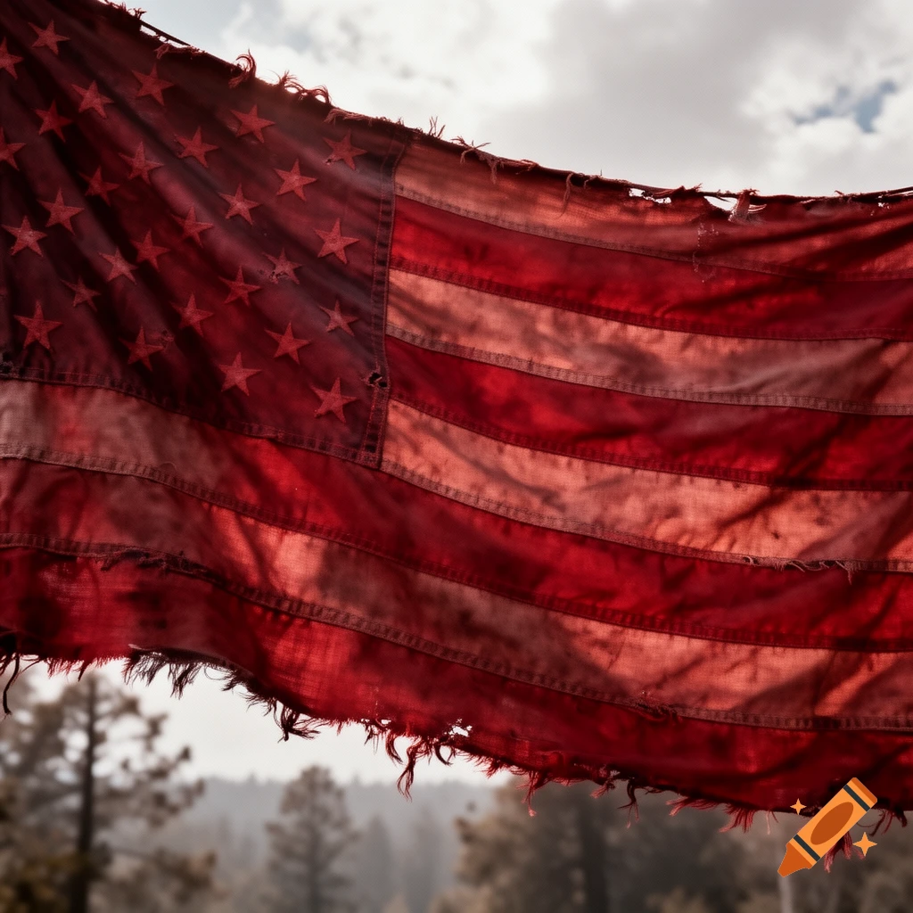 A close-up of a tattered and distressed American flag, featuring all red stars and stripes, against a cloudy sky.