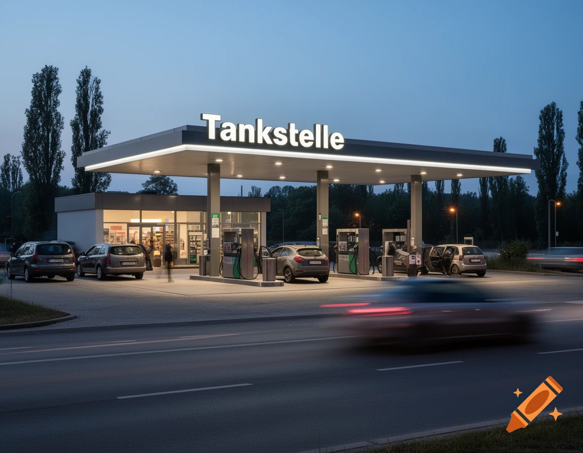 Photorealistic image of a brightly lit gas station at dusk with cars at the pumps and motion-blurred cars on a nearby road.