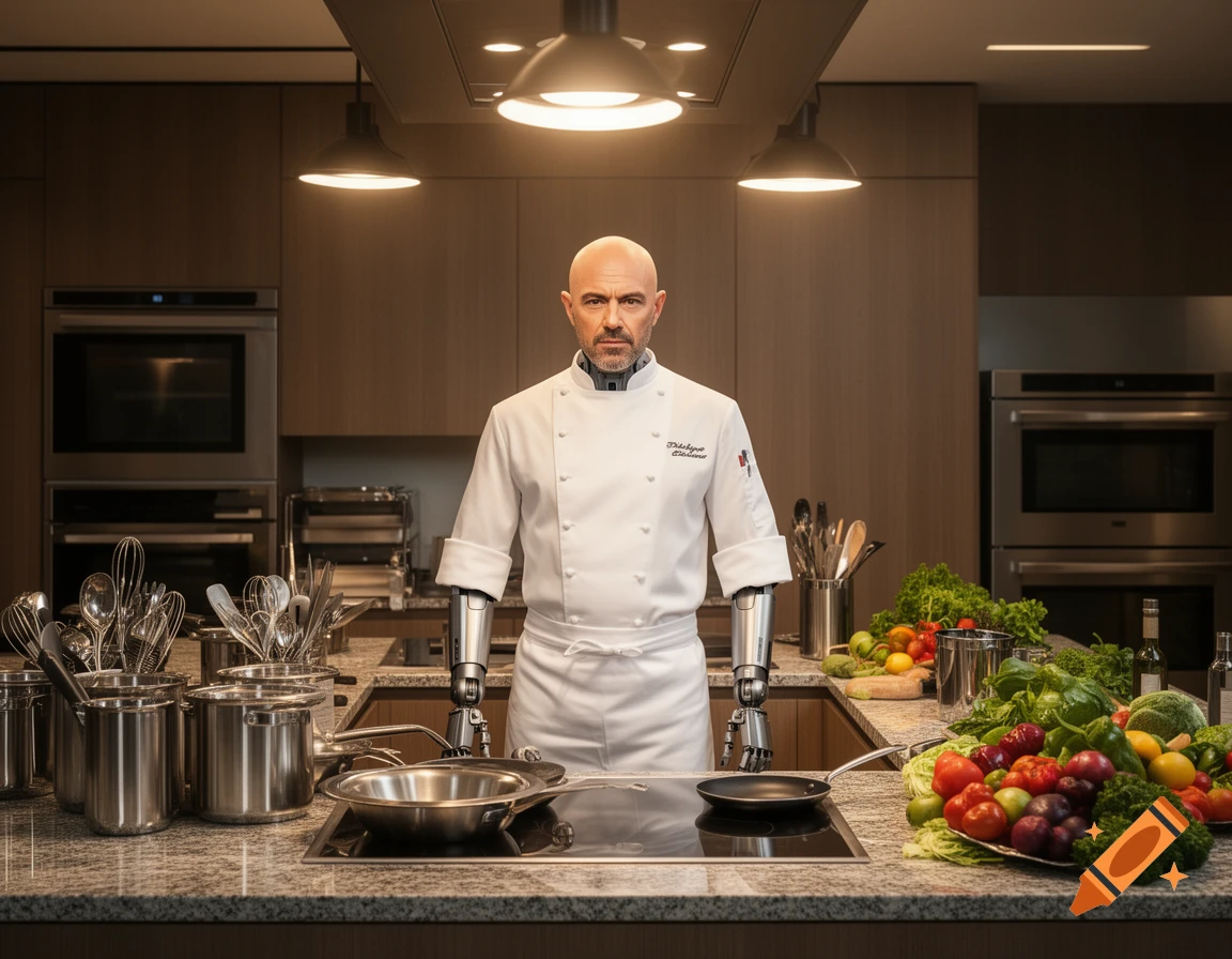A photorealistic image of a bald male chef with robotic arms wearing a white chef's coat in a modern kitchen, surrounded by cooking utensils and fresh vegetables.