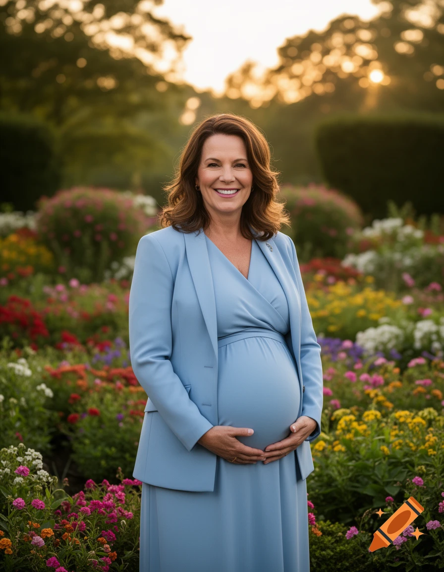 A smiling pregnant woman in a blue dress and blazer holds her belly in a vibrant flower garden at sunset, photorealistic style.