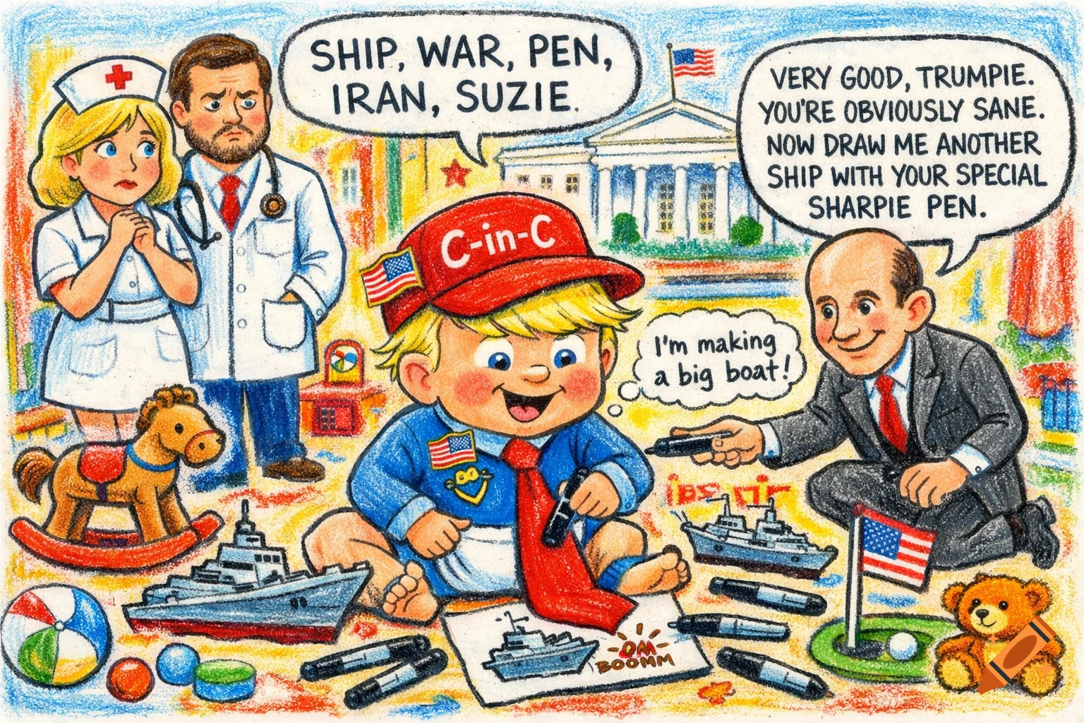 Colorful cartoon in a child's drawing style, depicting baby Trump in a 'C-in-C' hat drawing warships with Sharpies, while a nurse, doctor, and Stephen Miller observe in a White House playroom.