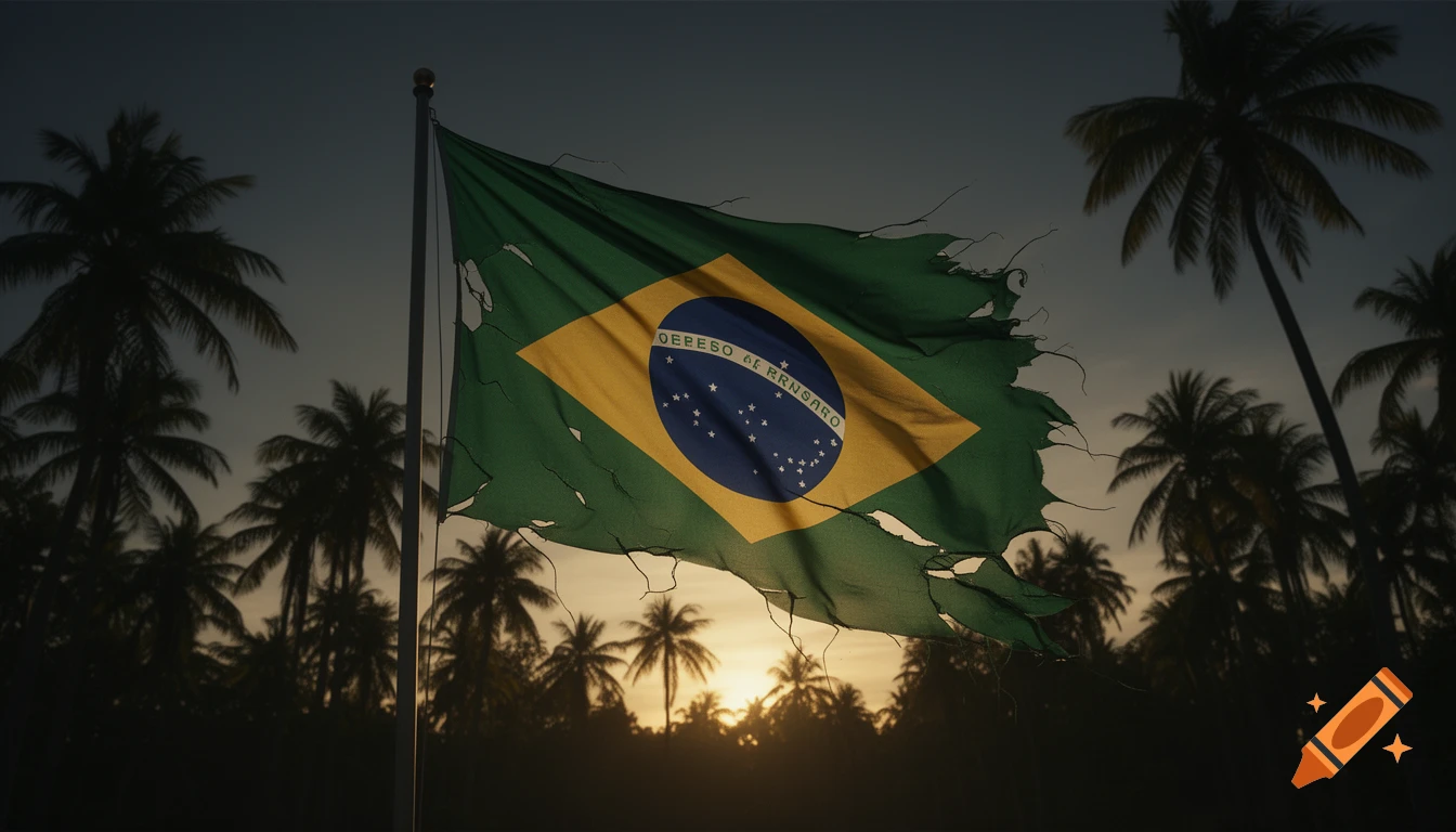 A tattered Brazilian flag waves against a sunset with silhouetted palm trees, photorealistic style.