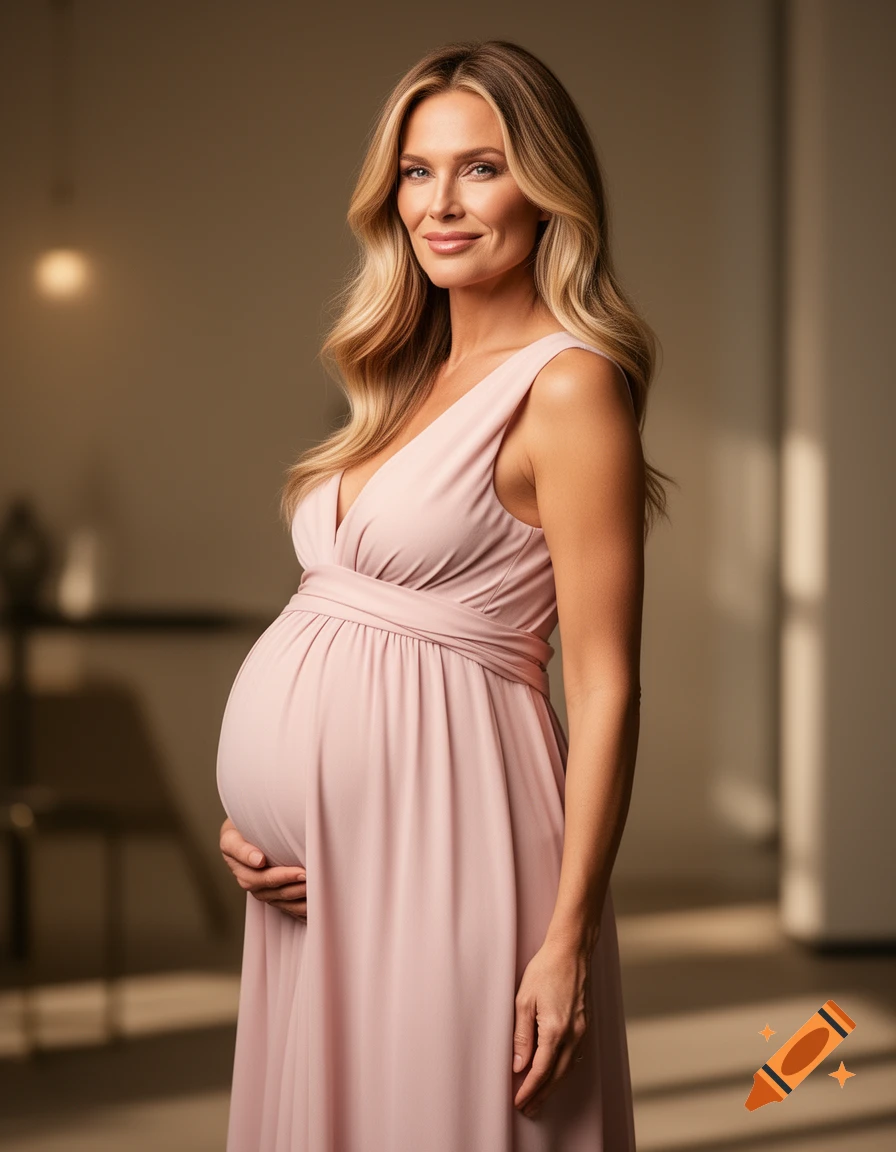 A pregnant woman with blonde hair, wearing a pink dress, poses for a photorealistic portrait, holding her belly.