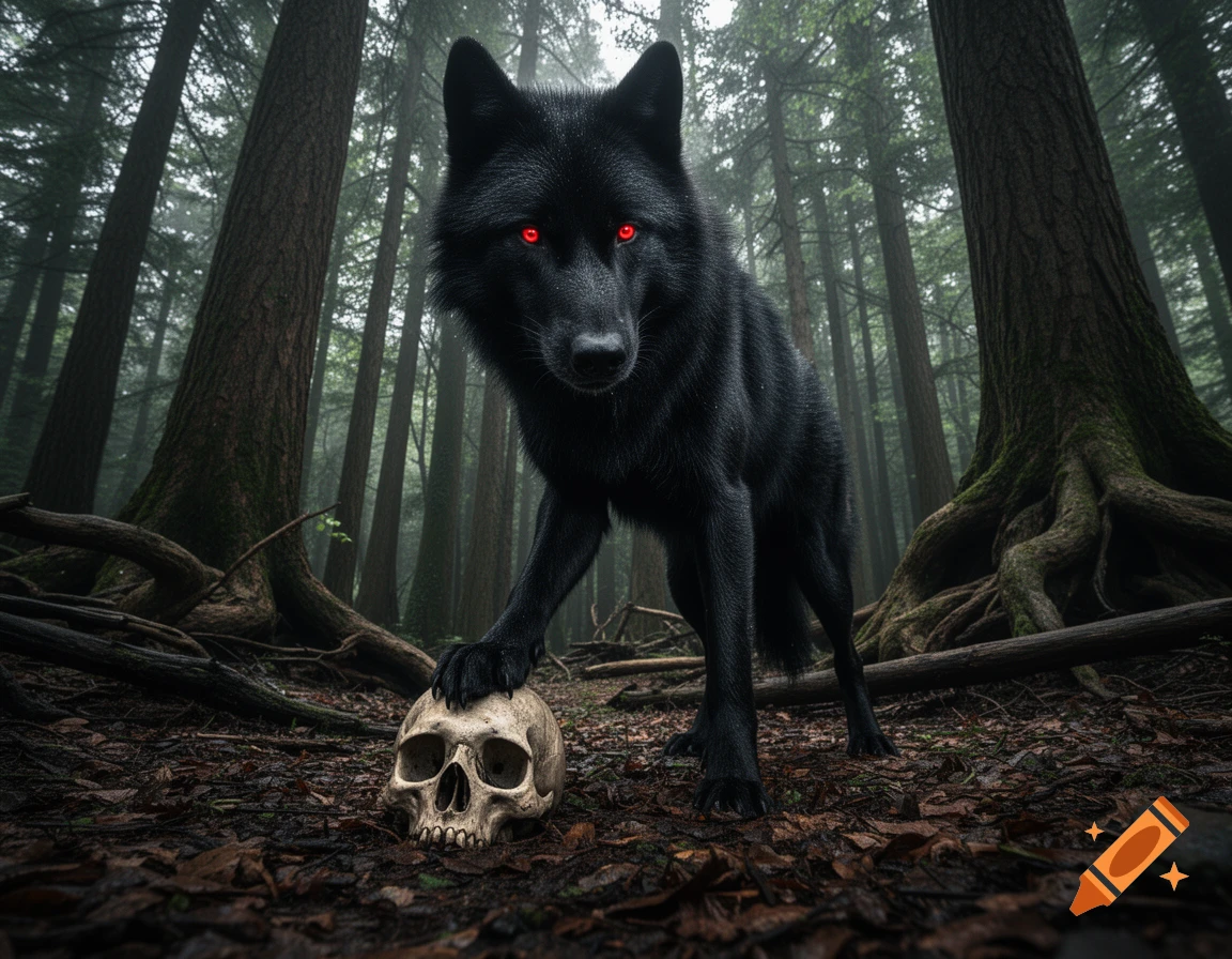 A huge black wolf with glowing red eyes stands in a misty forest, its ...