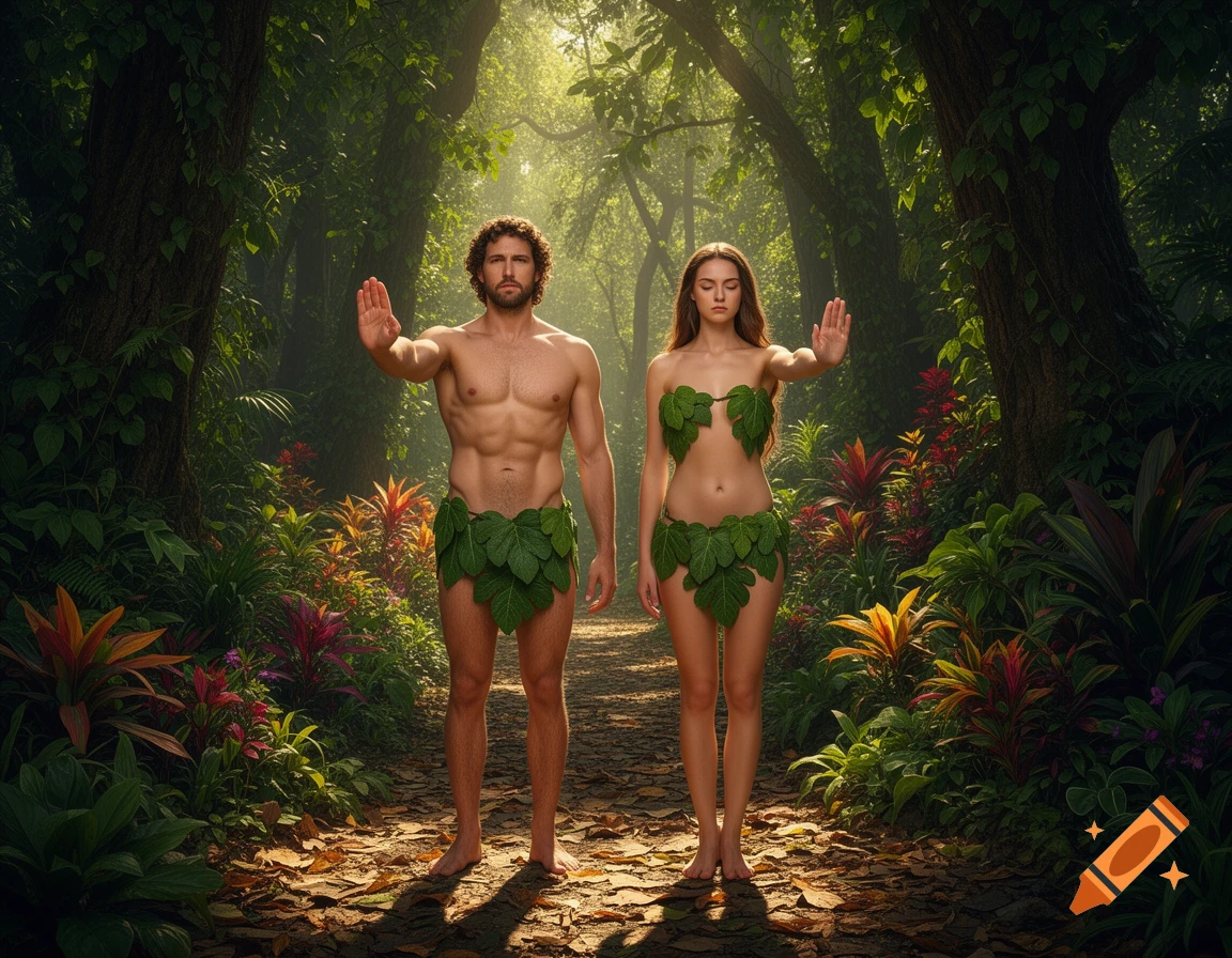 Photorealistic Adam and Eve in a lush forest, covered by leaves, making a stop gesture.