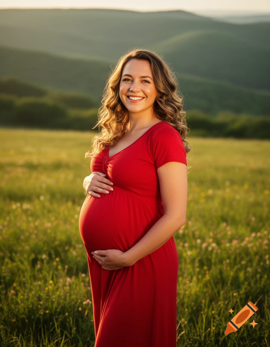 A smiling pregnant woman in a red dress holds her belly in a sunlit field with rolling hills in the background, photorealistic style.