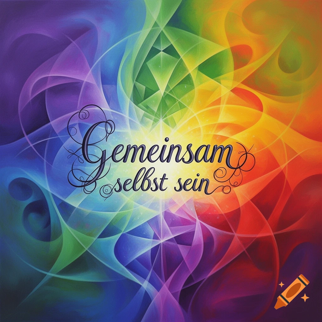 Abstract art with vibrant rainbow colors and interwoven geometric lines, featuring the text 'Gemeinsam selbst sein' in decorative script.