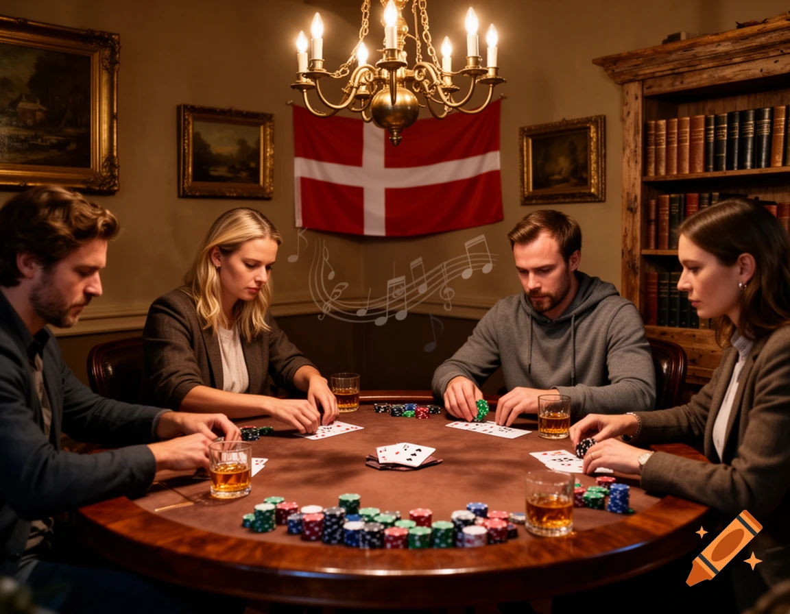 Four people play poker around a wooden table in a dimly lit room with a Danish flag hanging on the wall.