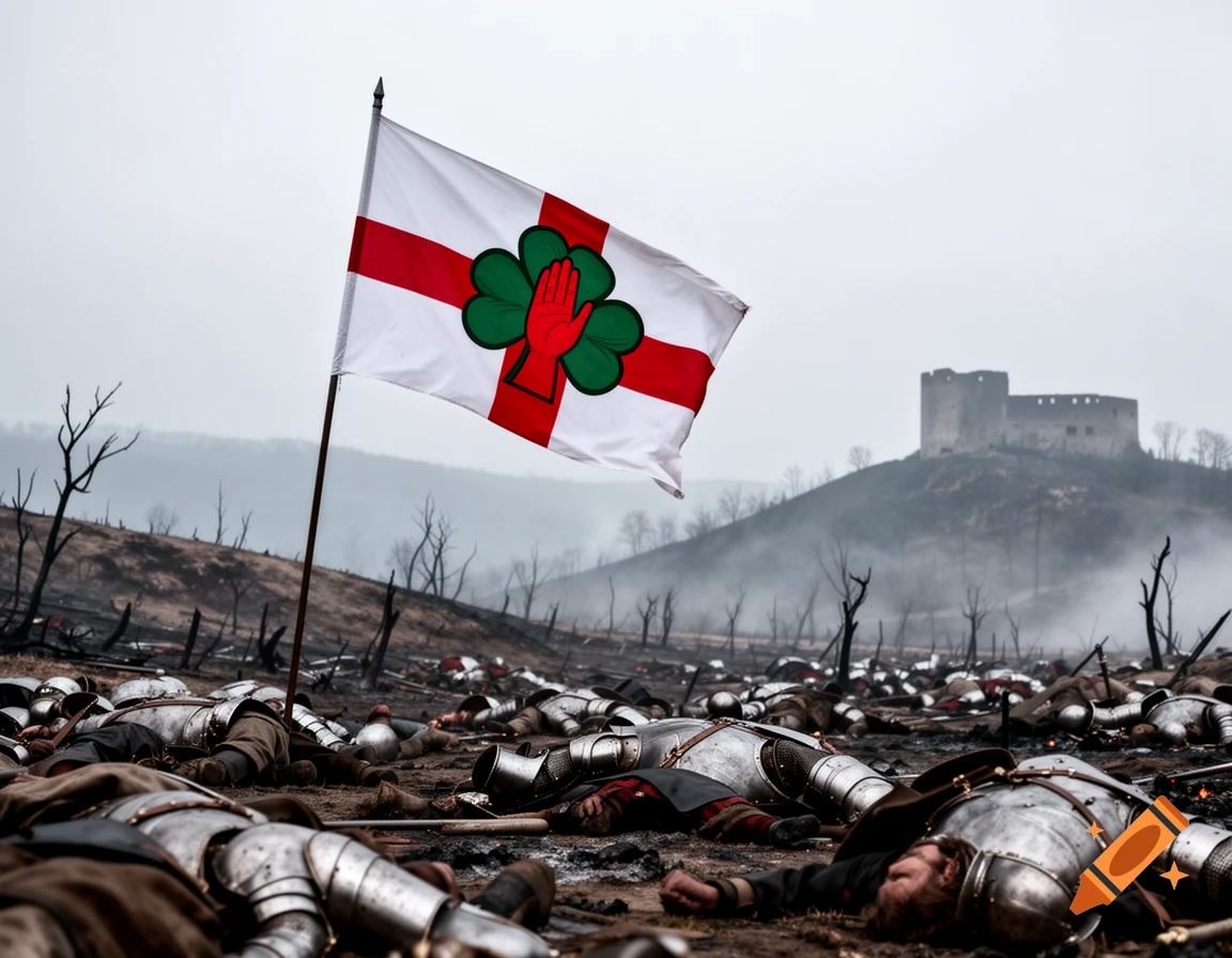 A flag with a red cross and a shamrock emblem flies over a battlefield with many dead armored warriors and a misty castle on a hill.