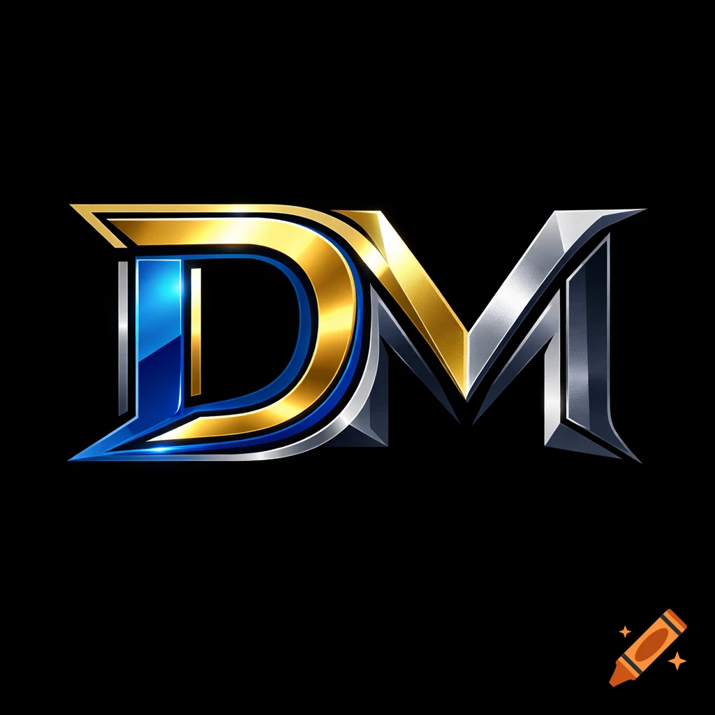 Metallic gold, silver, and blue logo for the letters 'DM' against a black background.