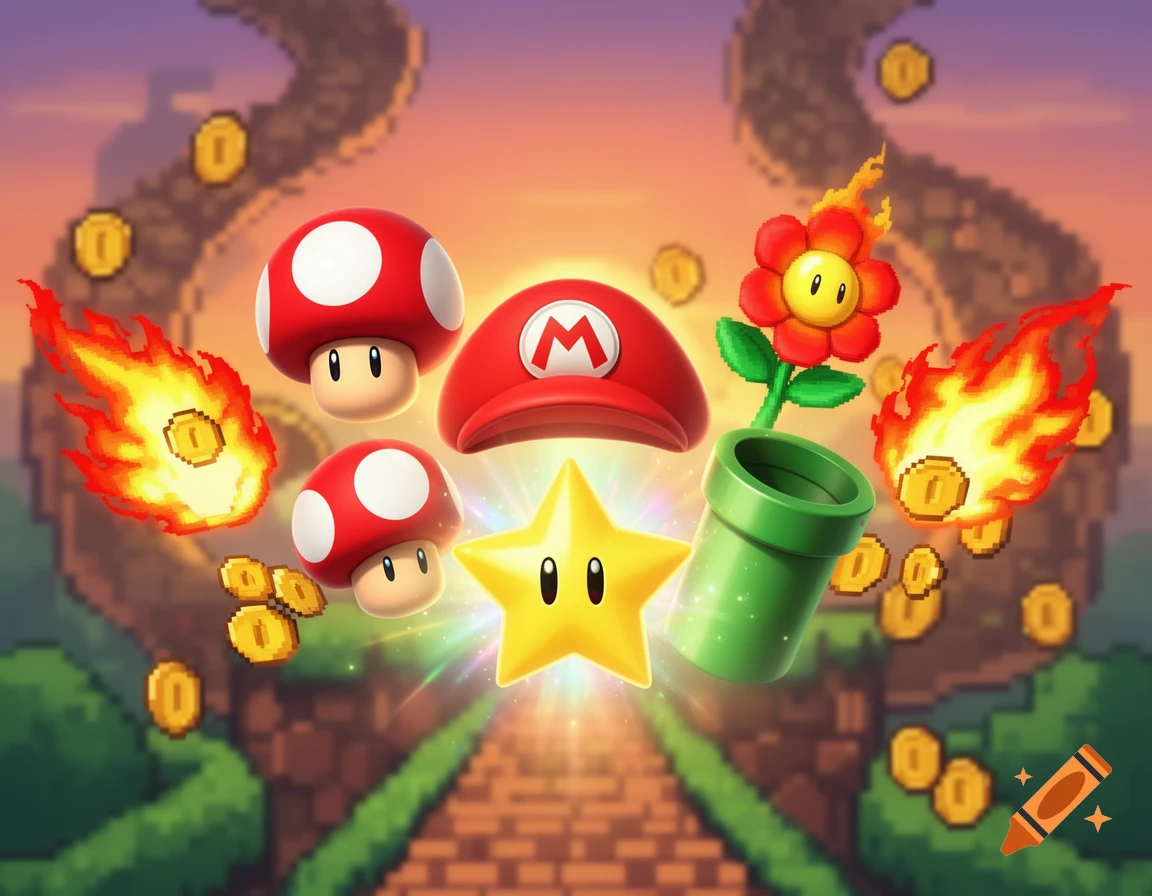 Brightly colored Super Mario power-ups like mushrooms, a hat, a star, a fire flower, a pipe, and coins float above a pixelated landscape.