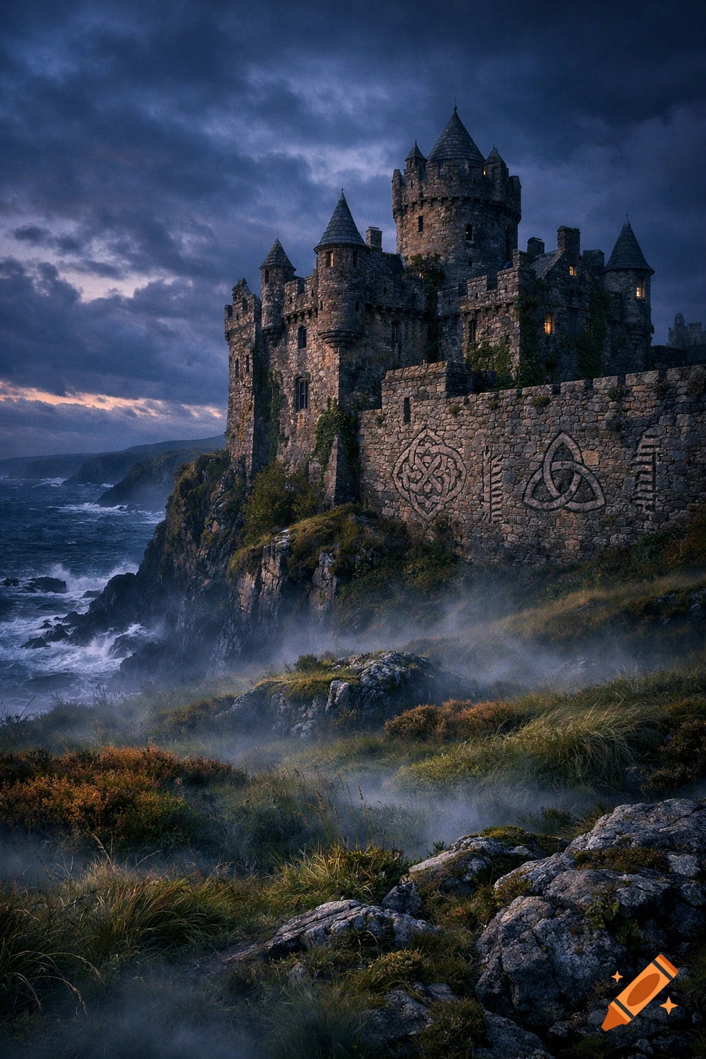 A dark, dramatic stone castle stands on a misty cliff overlooking a ...