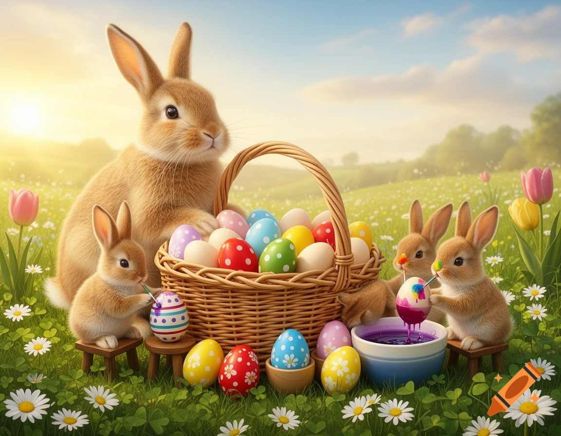 A mother rabbit and baby bunnies decorate colorful Easter eggs in a sunny spring meadow filled with flowers.