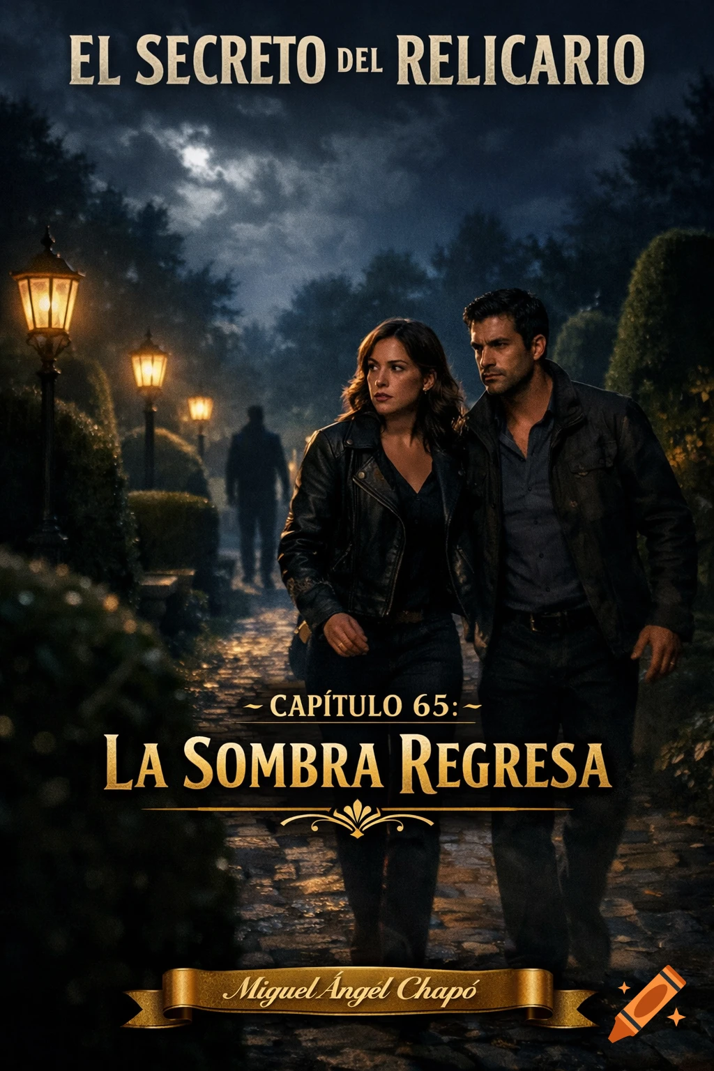 A man and a woman walk tensely down a dimly lit park path at night, with a shadowy figure observing them from afar. Text reads 'EL SECRETO DEL RELICARIO', 'CAPÍTULO 65: LA SOMBRA REGRESA', and 'Miguel Ángel Chapó'.