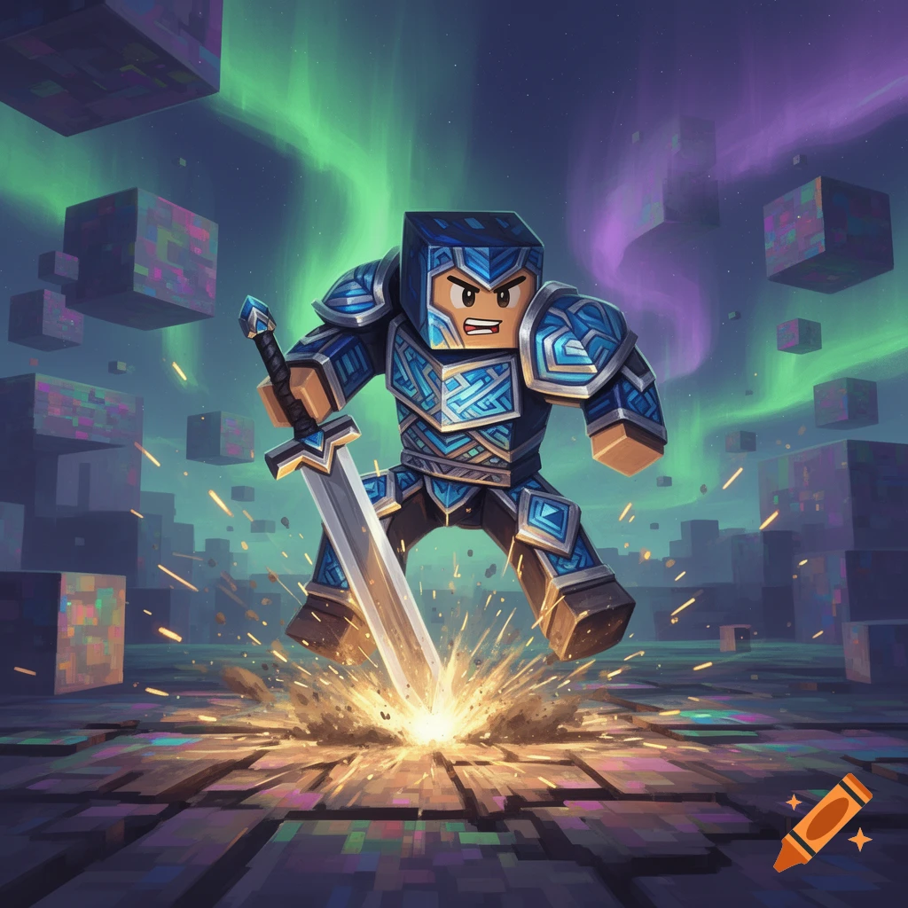 A blocky Roblox-style knight in blue armor slams a glowing sword into pixelated ground under a green and purple aurora.