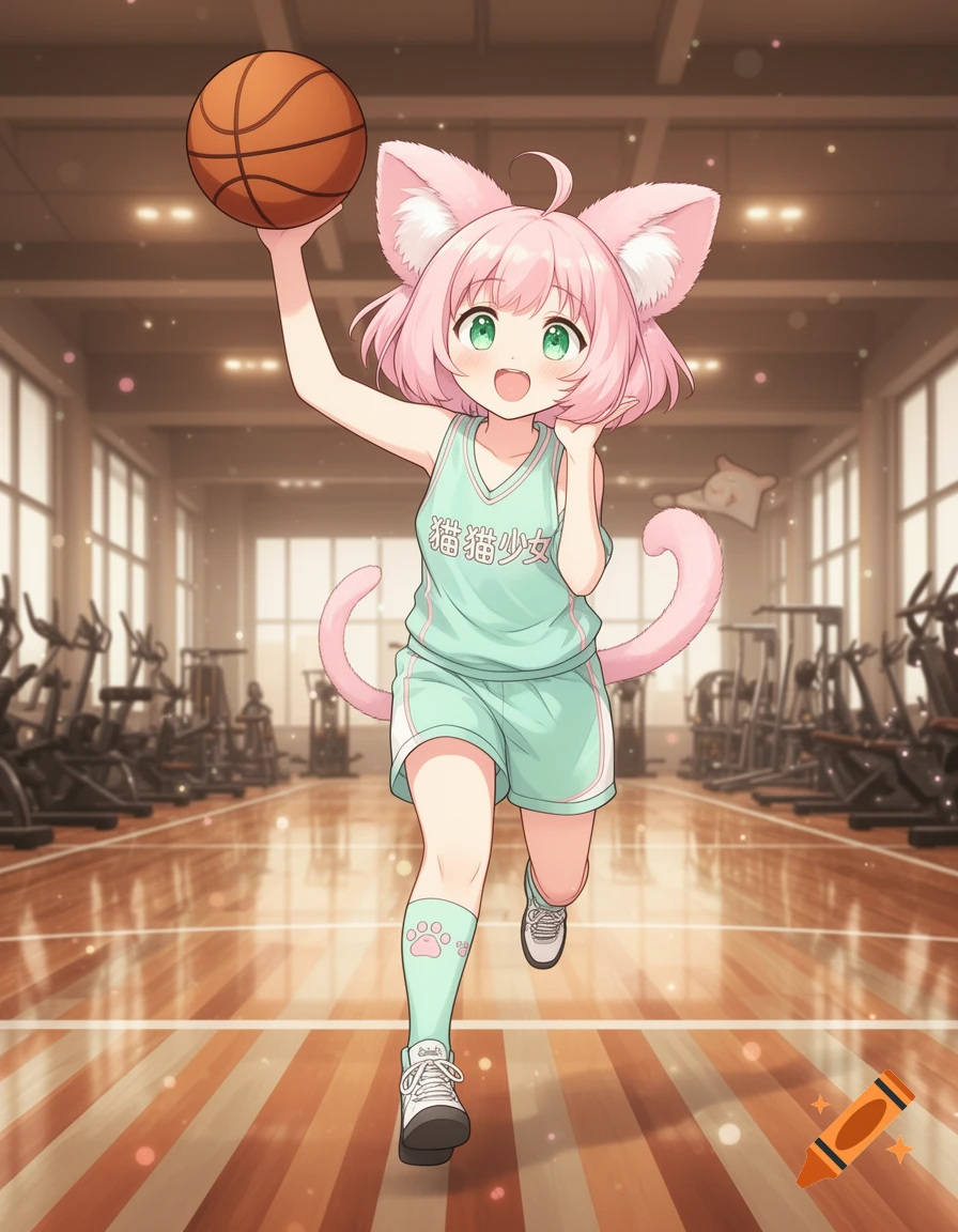 Pink-haired anime cat girl in a mint basketball uniform, holding a basketball in a gym.