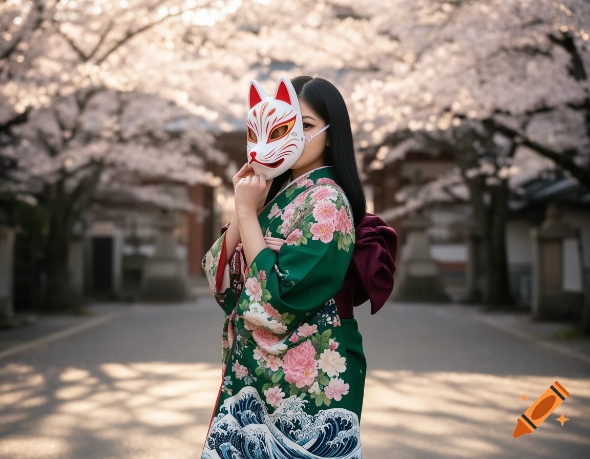 A woman in a green floral kimono holds a white Kitsune mask to her face on a street lined with cherry blossoms.