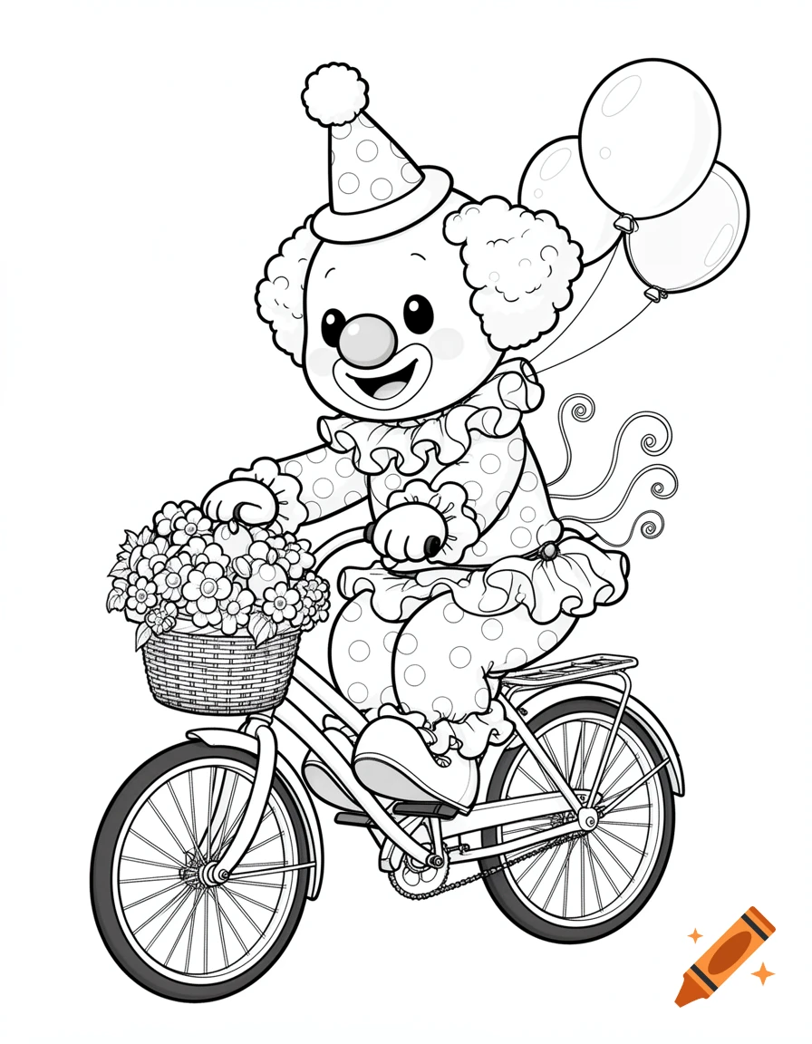 A cheerful clown in a polka-dotted outfit and party hat rides a bicycle with a basket of flowers, holding balloons, in black and white line art style.