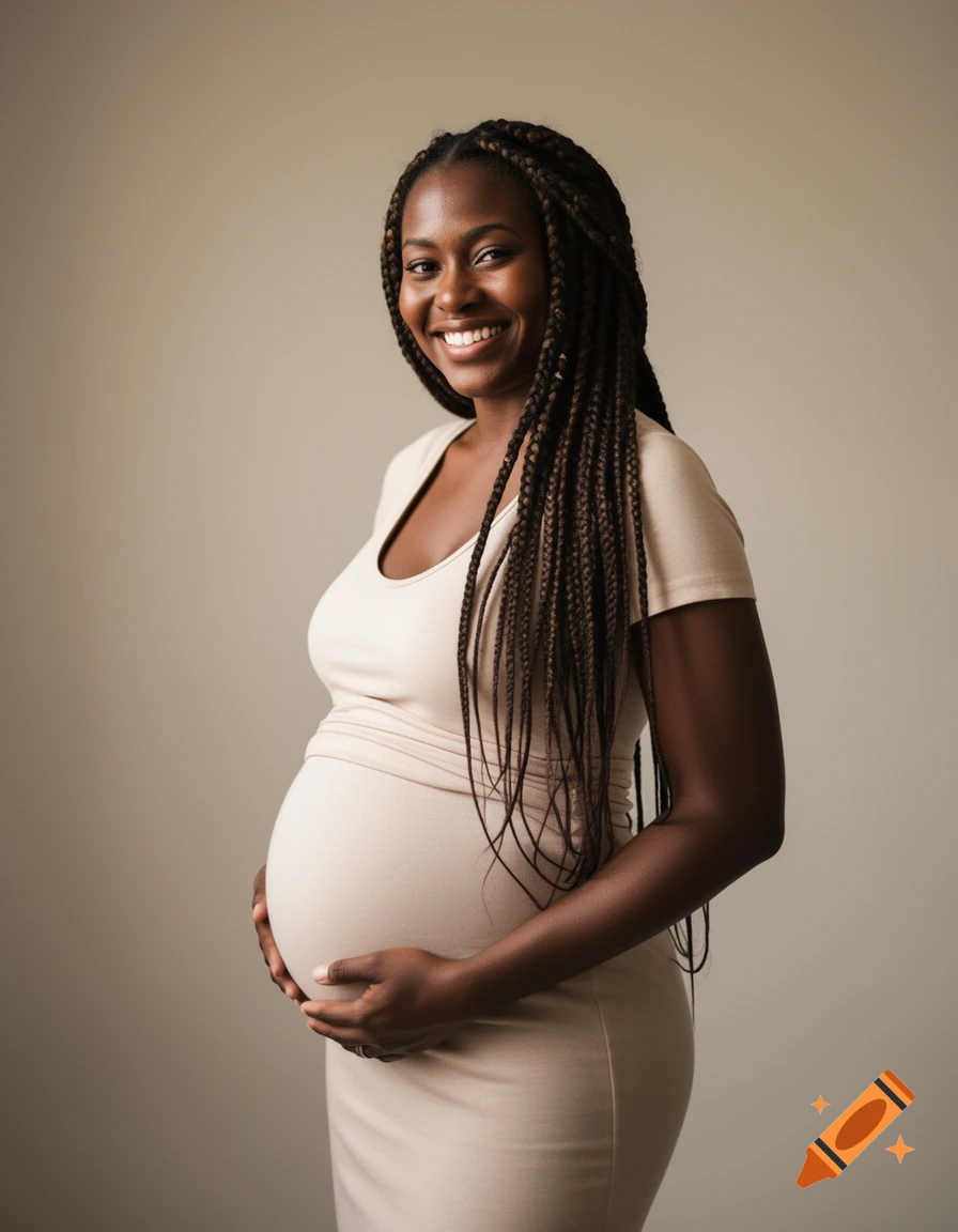 A smiling pregnant Black woman with long braided hair cradles her belly, wearing a fitted beige dress against a neutral background.