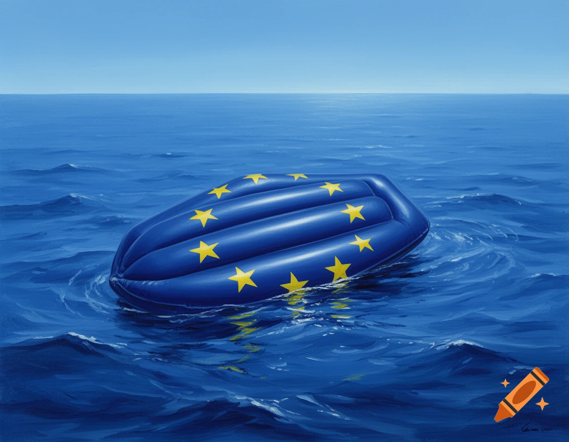 A blue inflatable boat with yellow stars, resembling the EU flag, floats in a dark blue sea, appearing to sink, in a painted style.