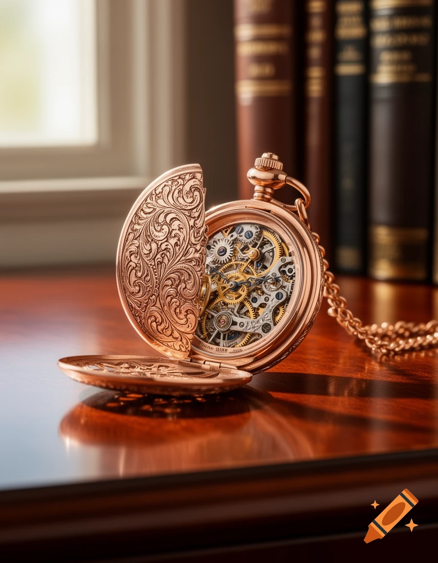 A detailed close-up of an open rose gold pocket watch with an ornate cover, revealing its intricate gears, resting on a polished wooden desk with blurred books in the background.