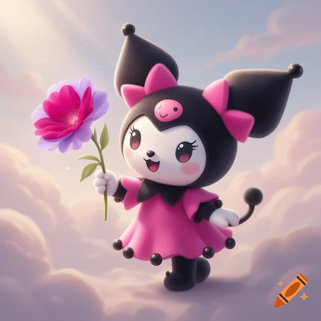Cute Kuromi character in a pink dress holding a large pink and purple flower, standing in a soft cloudscape.
