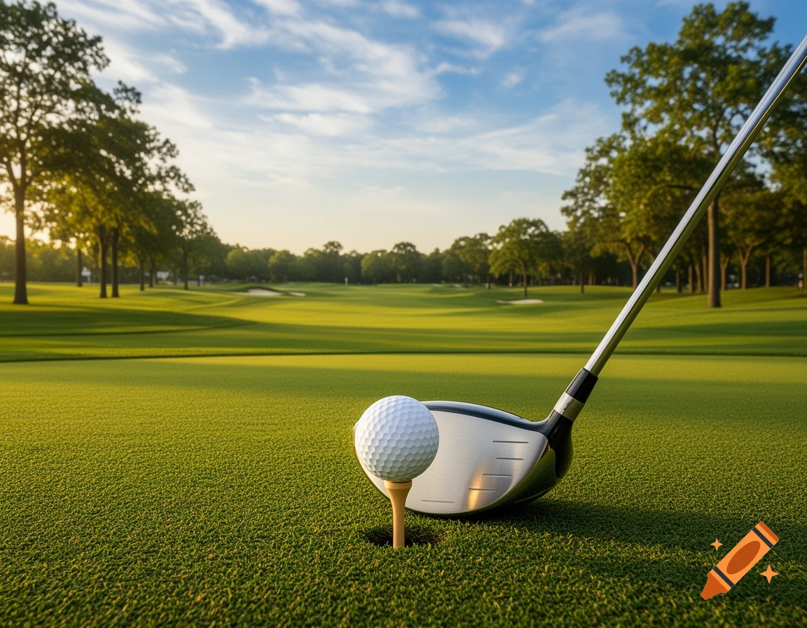 A close-up, photorealistic view of a golf ball on a tee with a driver club positioned behind it on a golf course, bathed in sunlight.