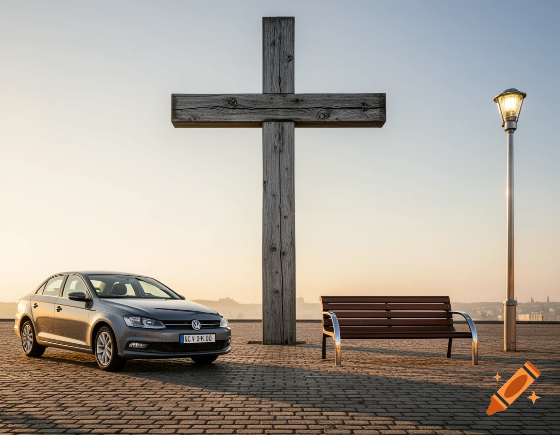 A gray sedan parked on a paved surface next to a large wooden cross, a park bench, and a lamppost under a clear sky.