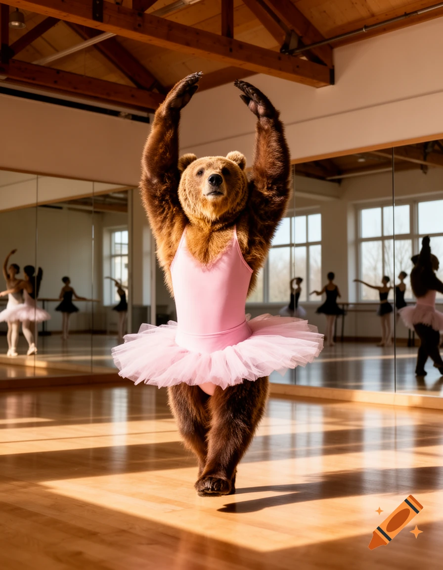 A photorealistic brown bear wearing a pink ballet leotard and tutu poses in a ballet studio, arms raised gracefully.