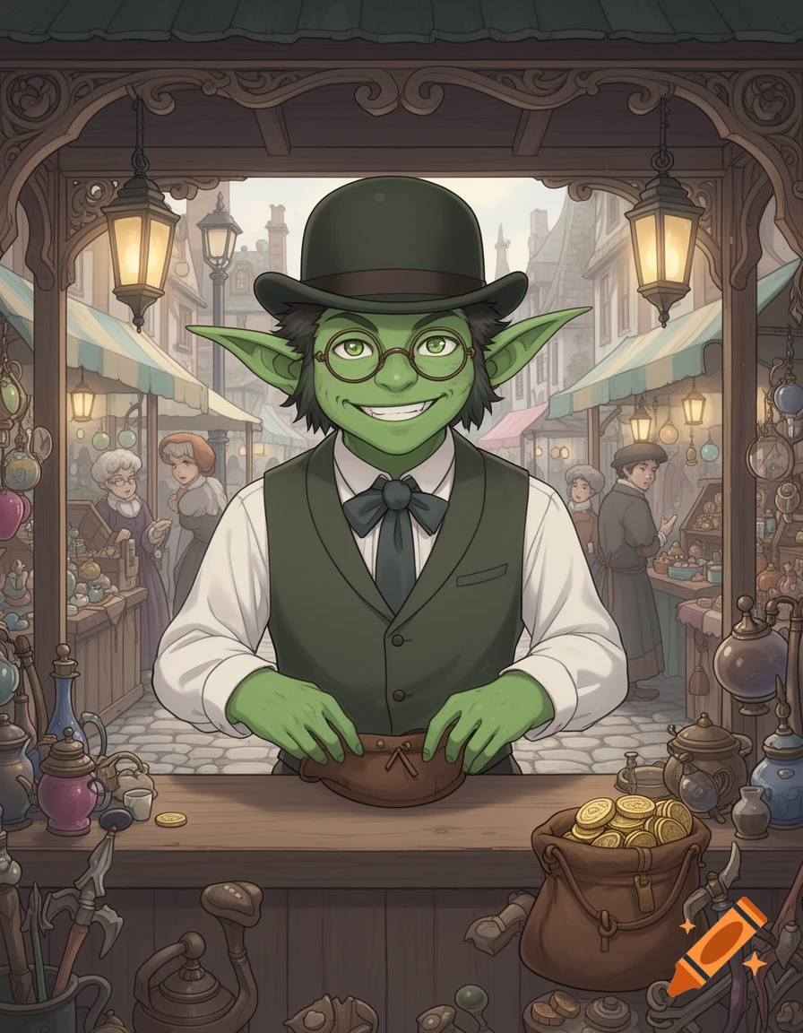 An anime-style green-skinned goblin merchant in a bowler hat and vest smiles behind a counter with gold coins in a busy Victorian market.