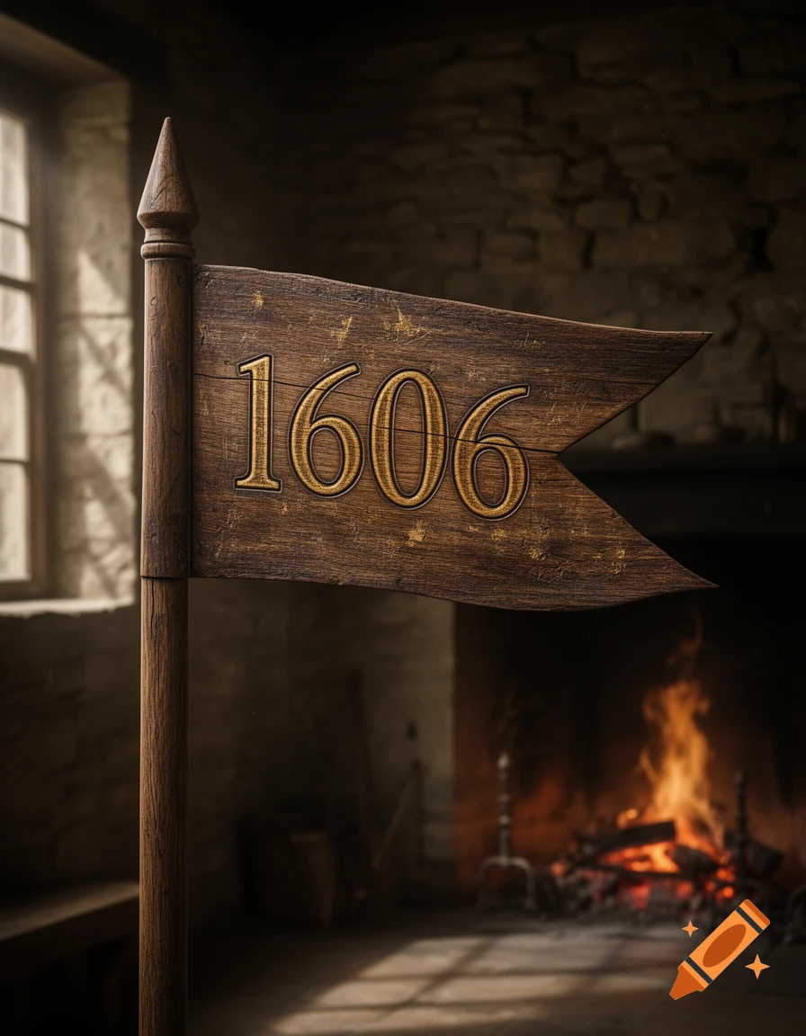 A rustic wooden flag with the number 1606 carved in gold, set in a dimly lit room with a fireplace and window.