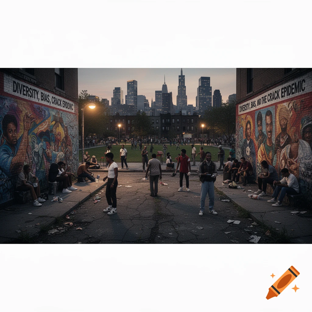 A photorealistic image of a diverse urban street scene with murals on buildings, people gathered, and a city skyline at dusk.