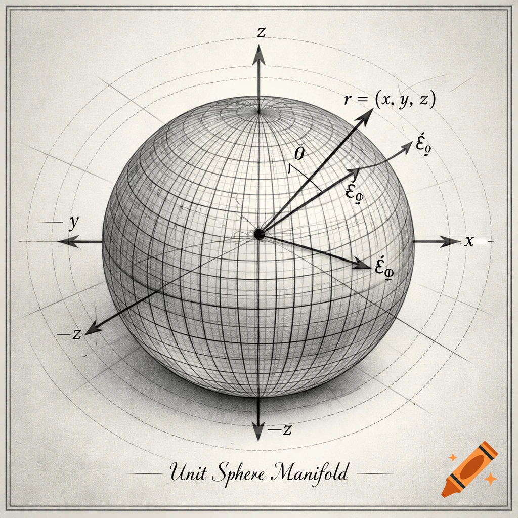Monochrome scientific diagram showing a 3D unit sphere manifold with coordinate axes, a position vector r, and tangent vectors labeled.