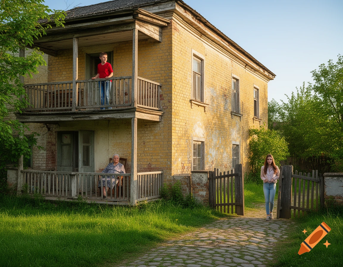 A boy on an upper balcony, an old woman on a lower balcony, and a young woman by a gate at an old yellow brick house on a sunny day.