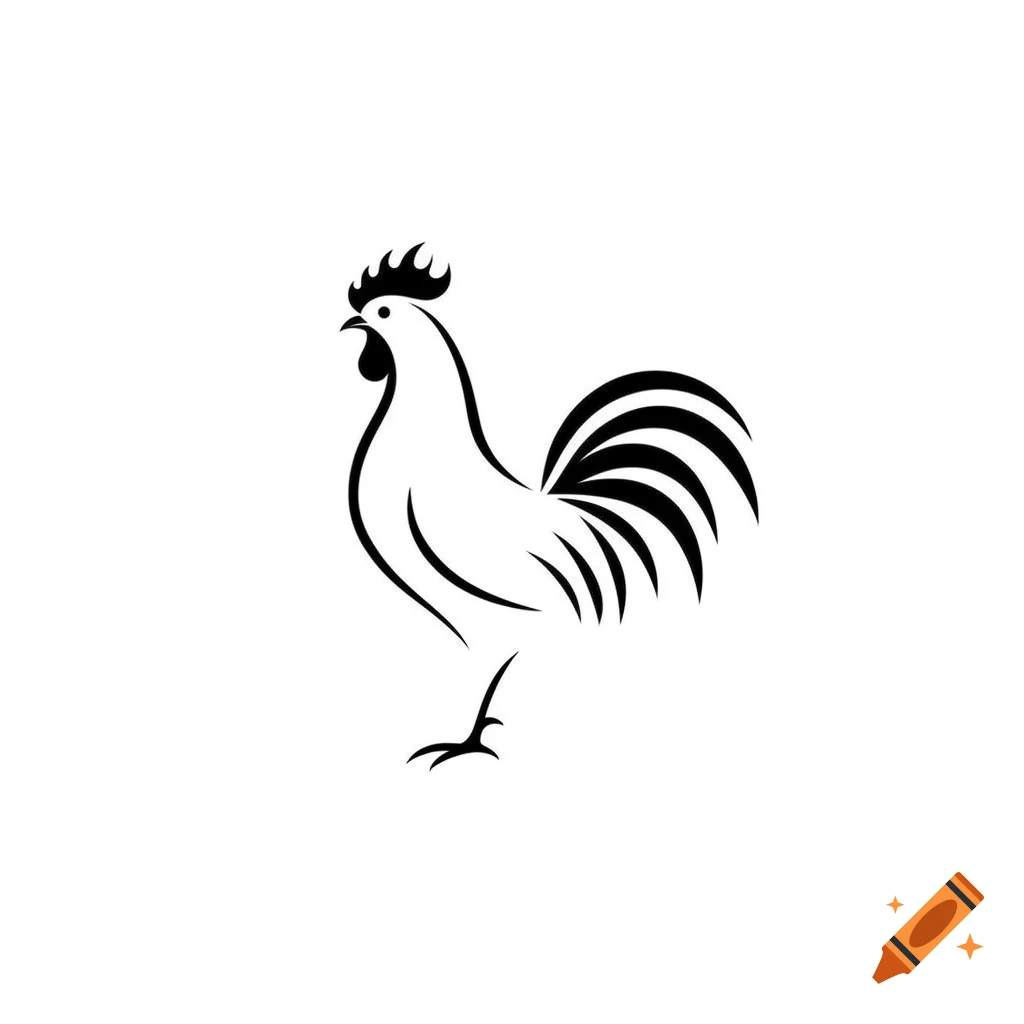 Minimalist black and white line art of a rooster standing on a white background.